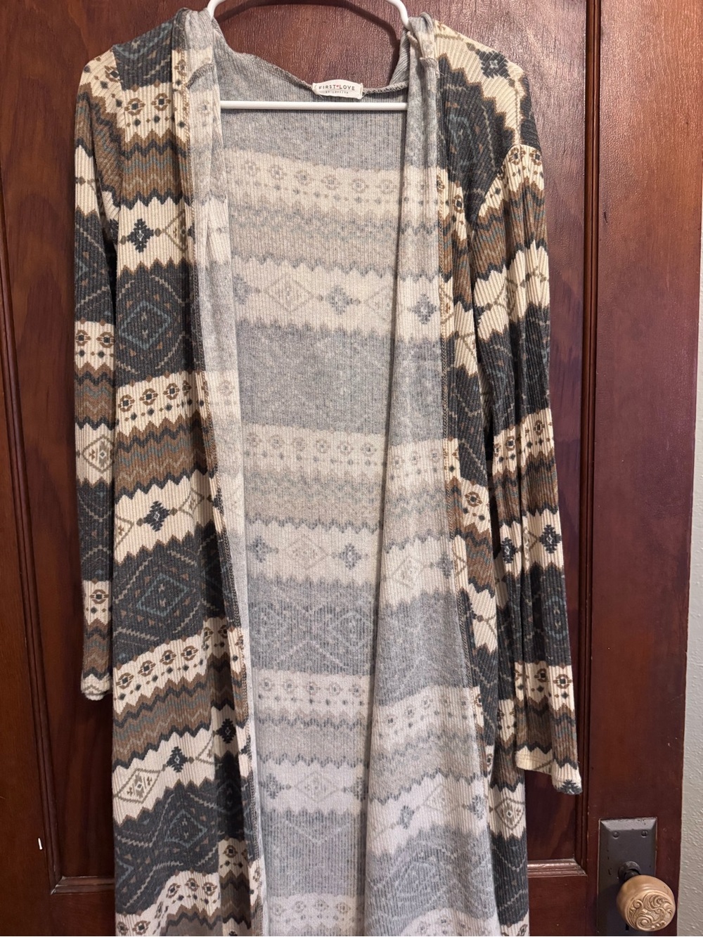 First Love Hooded Open-Front Cardigan in Cream, Gray & Brown